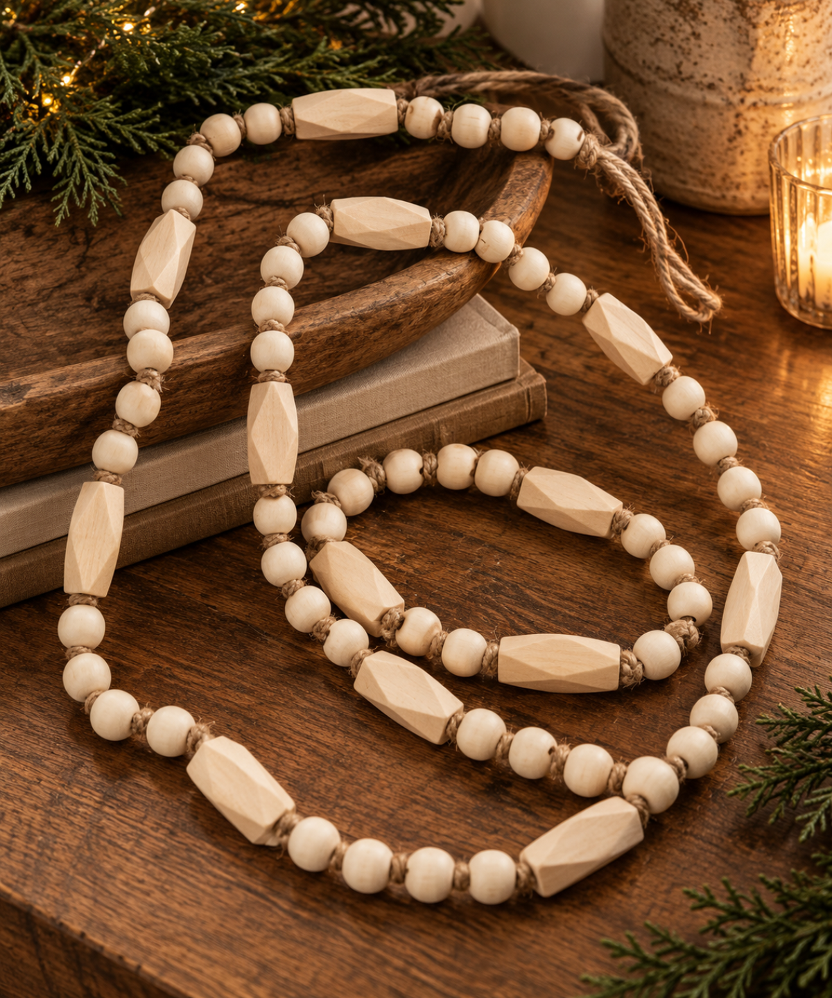A rustic holiday garland made of cream-colored wooden beads, including smooth round beads and larger faceted rectangular beads, strung on a natural jute cord. The garland is styled on a dark wooden table with books, evergreen branches, and warm candlelight in the background.