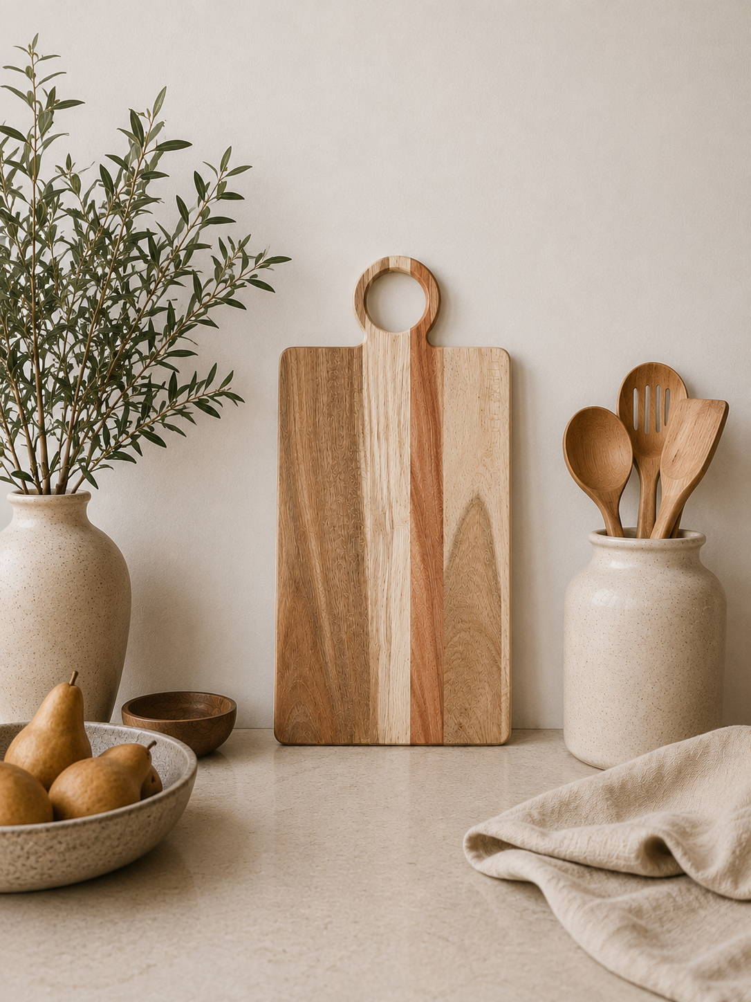 Oversized acacia wood serving board styled on a modern kitchen countertop with ceramic crock, wooden utensils, olive branches, and neutral décor.
