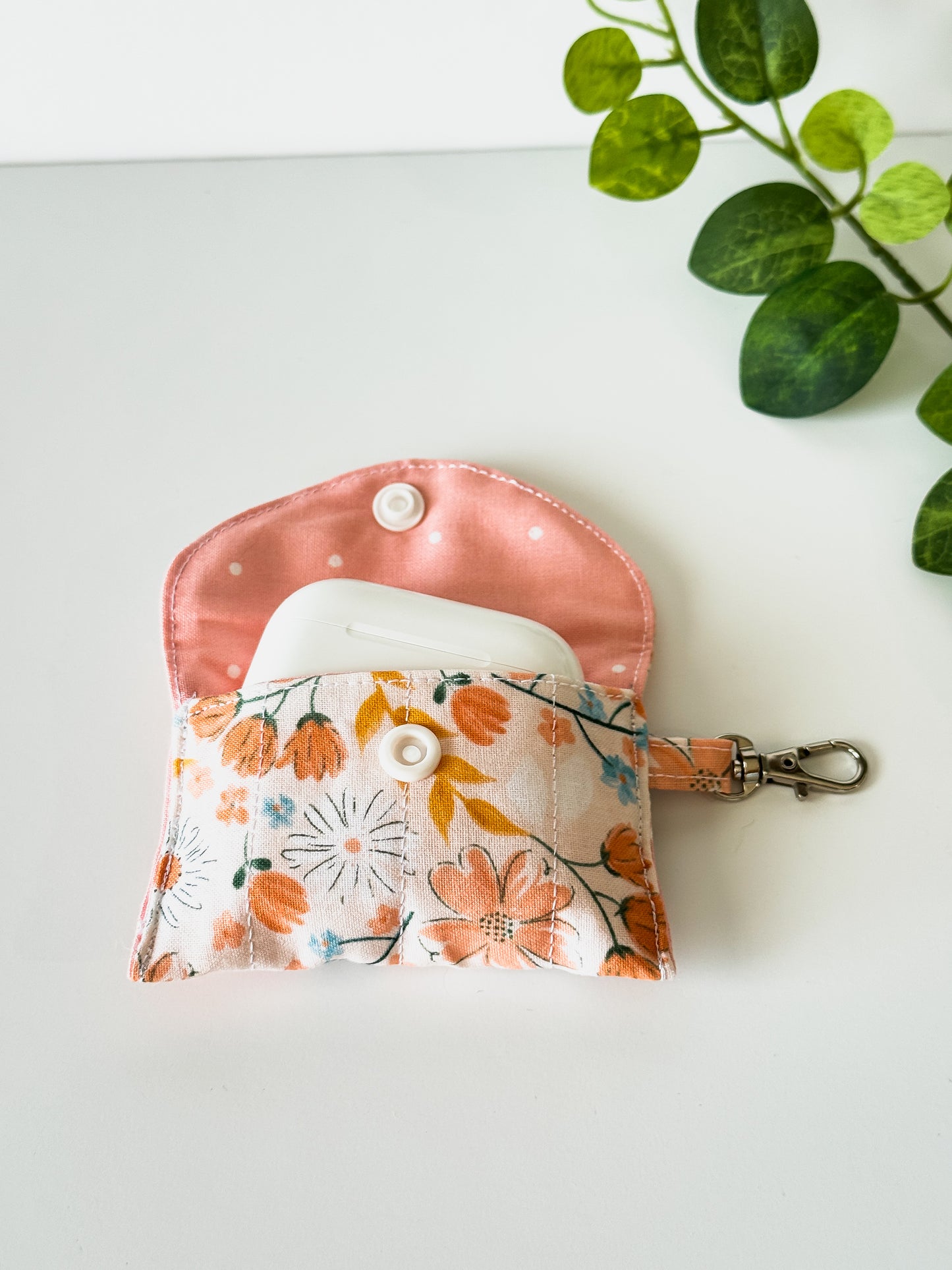 Peach Blossom Meadow Mini Snap Pouch – Handmade Floral Airpod Case with pink polkadot interior fabric
