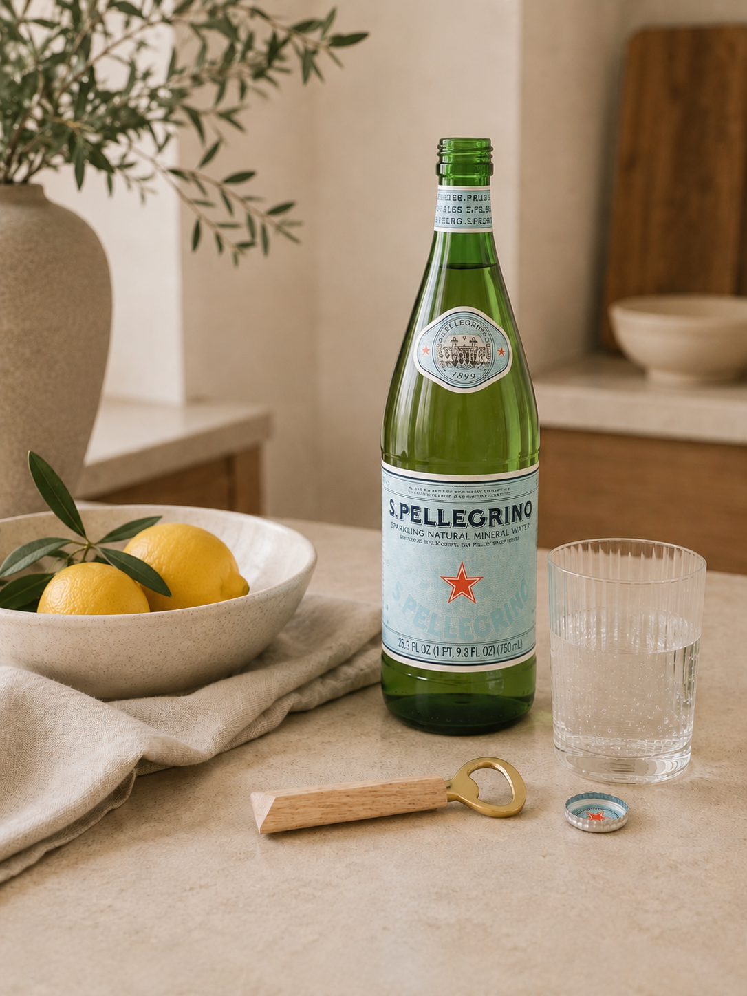 Gold and wood bottle opener styled beside an opened sparkling water bottle and ribbed glass on a neutral stone countertop in a luxury California-modern kitchen.