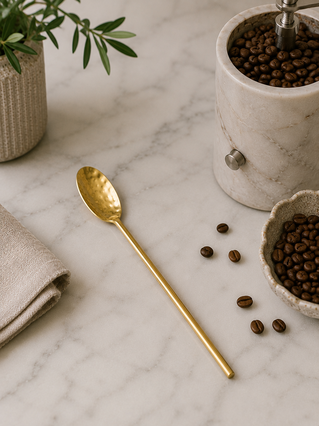 Gold hammered stainless steel coffee spoon styled beside a marble coffee grinder with whole coffee beans on a white marble countertop in a modern California-inspired kitchen.