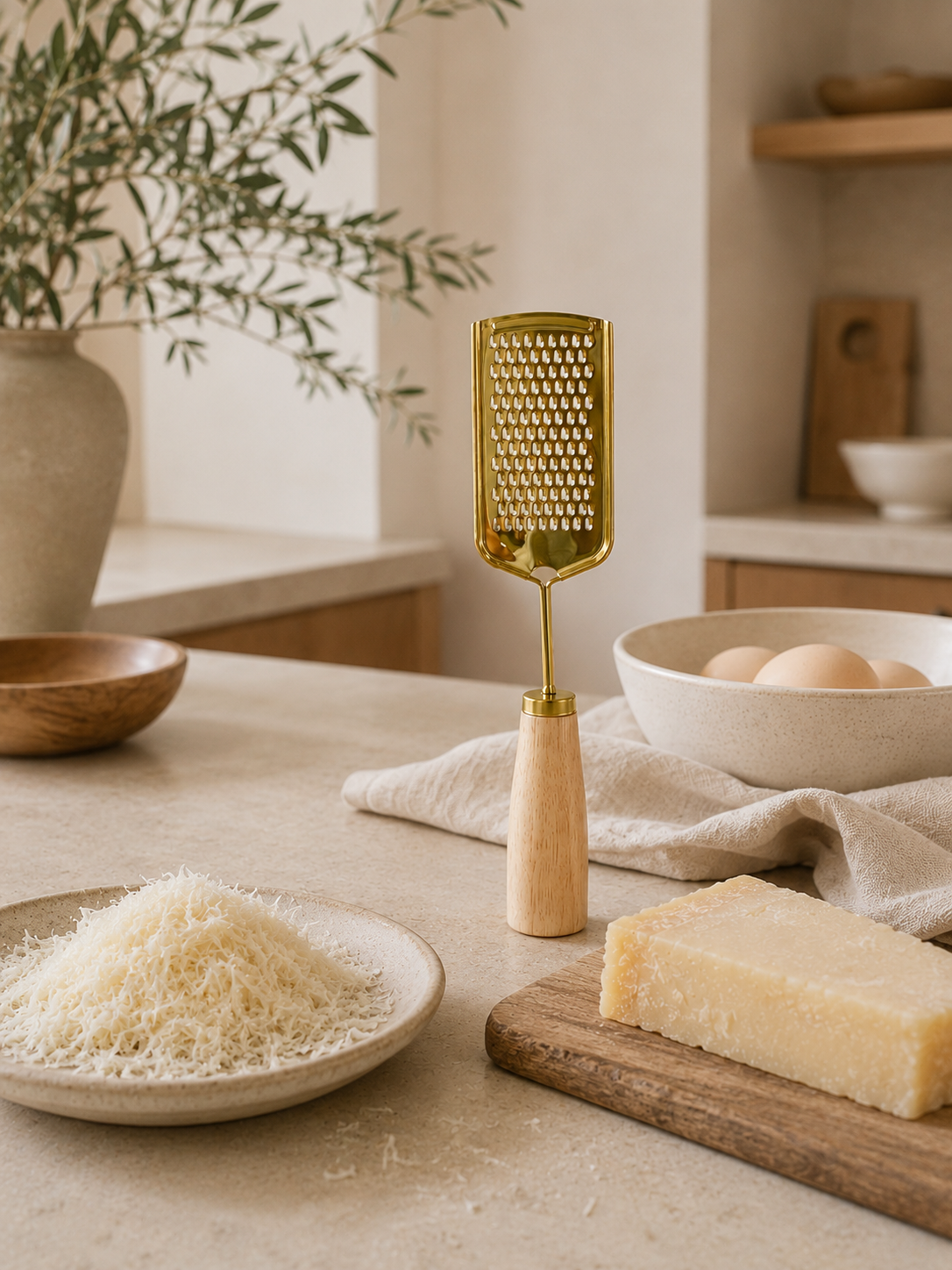 Gold cheese grater on a kitchen counter with grated cheese and a block of cheese.