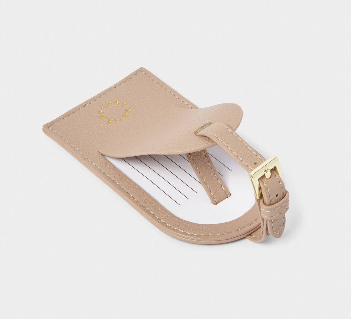 Back view of the Katie Loxton Forever Exploring luggage tag in Soft Tan showing the concealed personal information card.