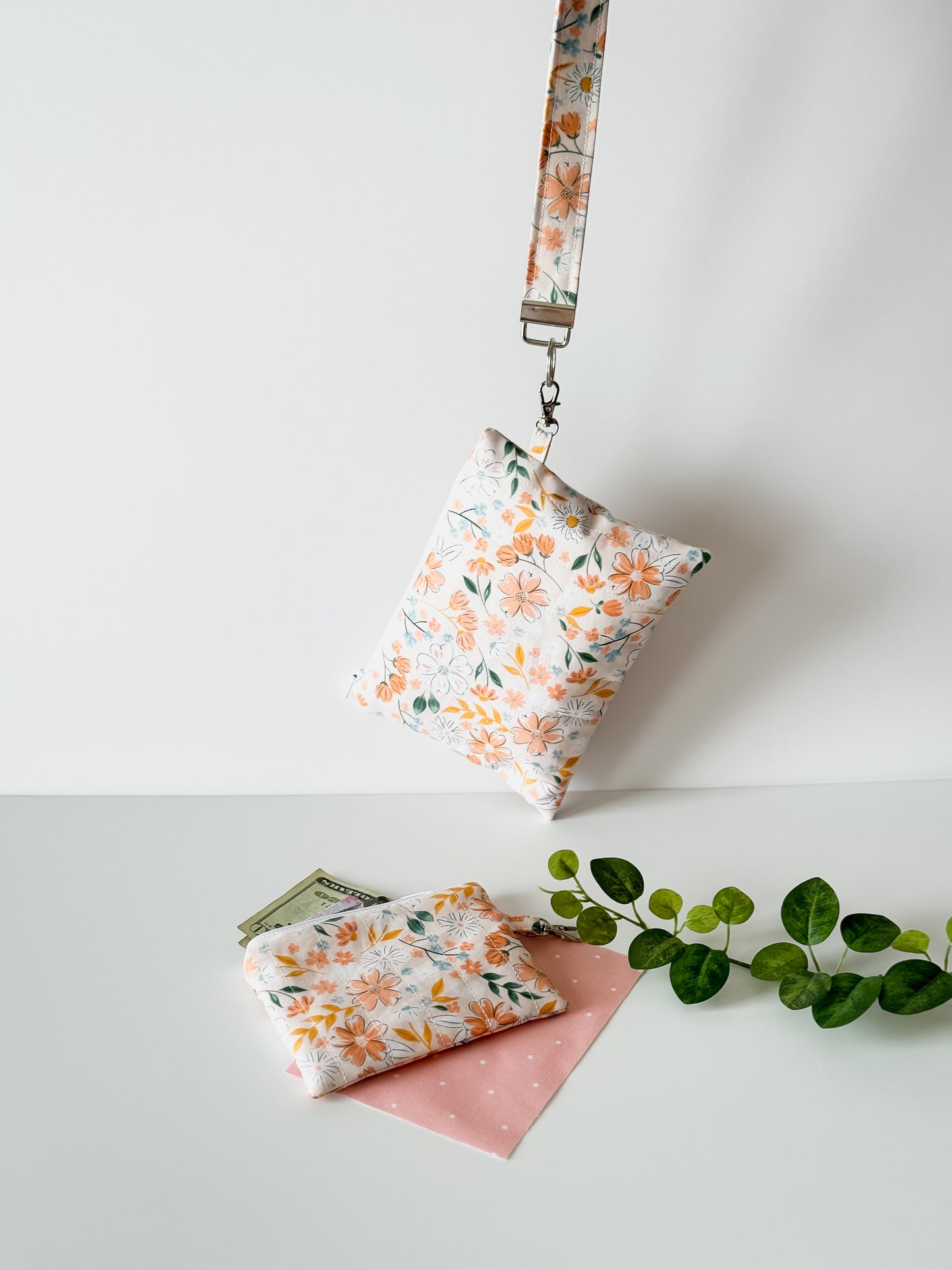 Medium handmade Peach Blossom Meadow floral zipper pouch