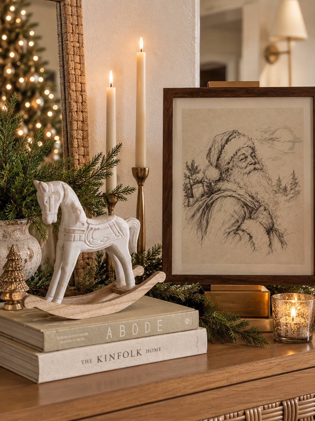 Framed vintage Santa Claus sketch displayed on a wooden console with a white rocking horse, taper candles, and timeless Christmas decorations.