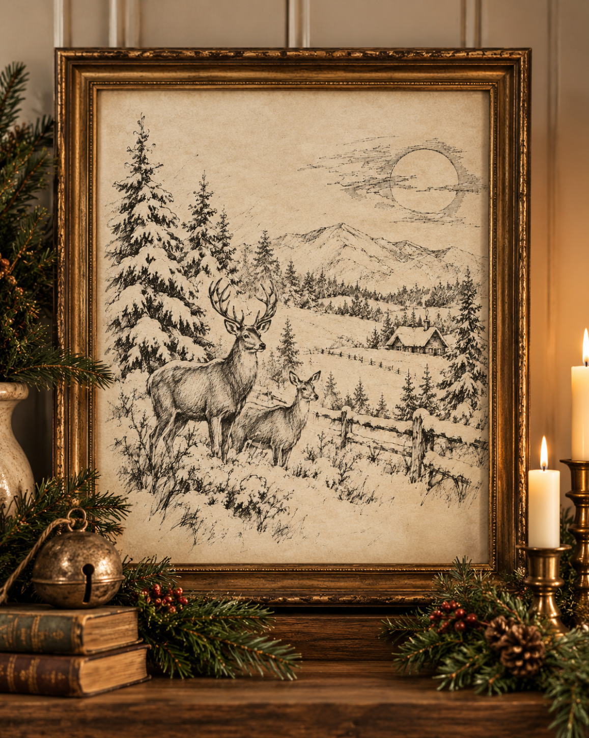 Vintage snowy deer countryside sketch displayed in an antique gold frame, styled with evergreen greenery, brass candlesticks, and warm Christmas accents on a rustic wooden mantel.