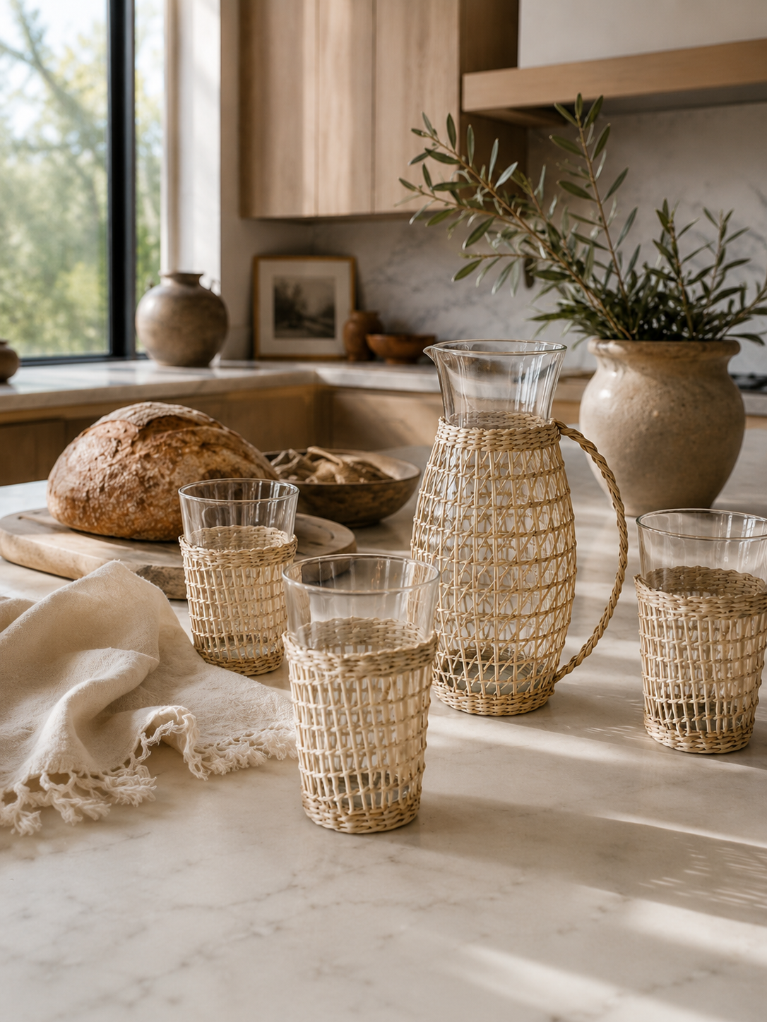 Woven rattan glass pitcher styled with matching woven drinking glasses on a creamy marble countertop in a warm California modern kitchen with artisan bread, olive branches, and soft natural sunlight.