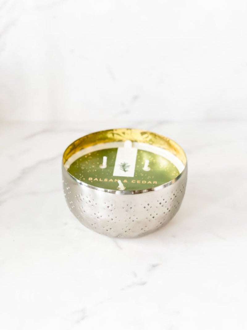 Silver candle with cedar and balsam notes