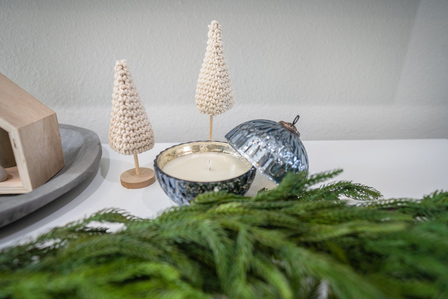 Handmade crochet Christmas tree décor in neutral tones