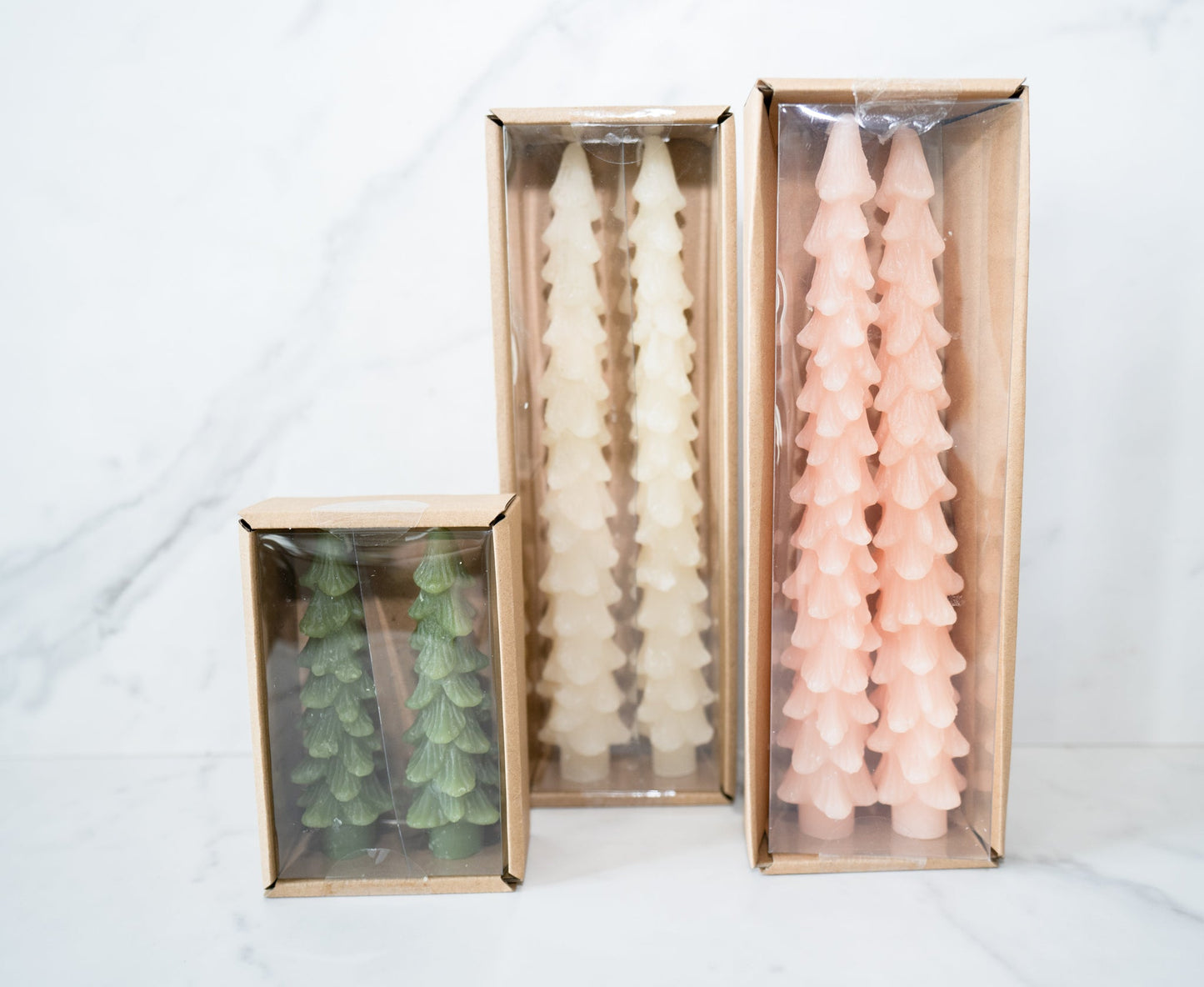 Packaging of white, pink & green tree taper candles set of 2