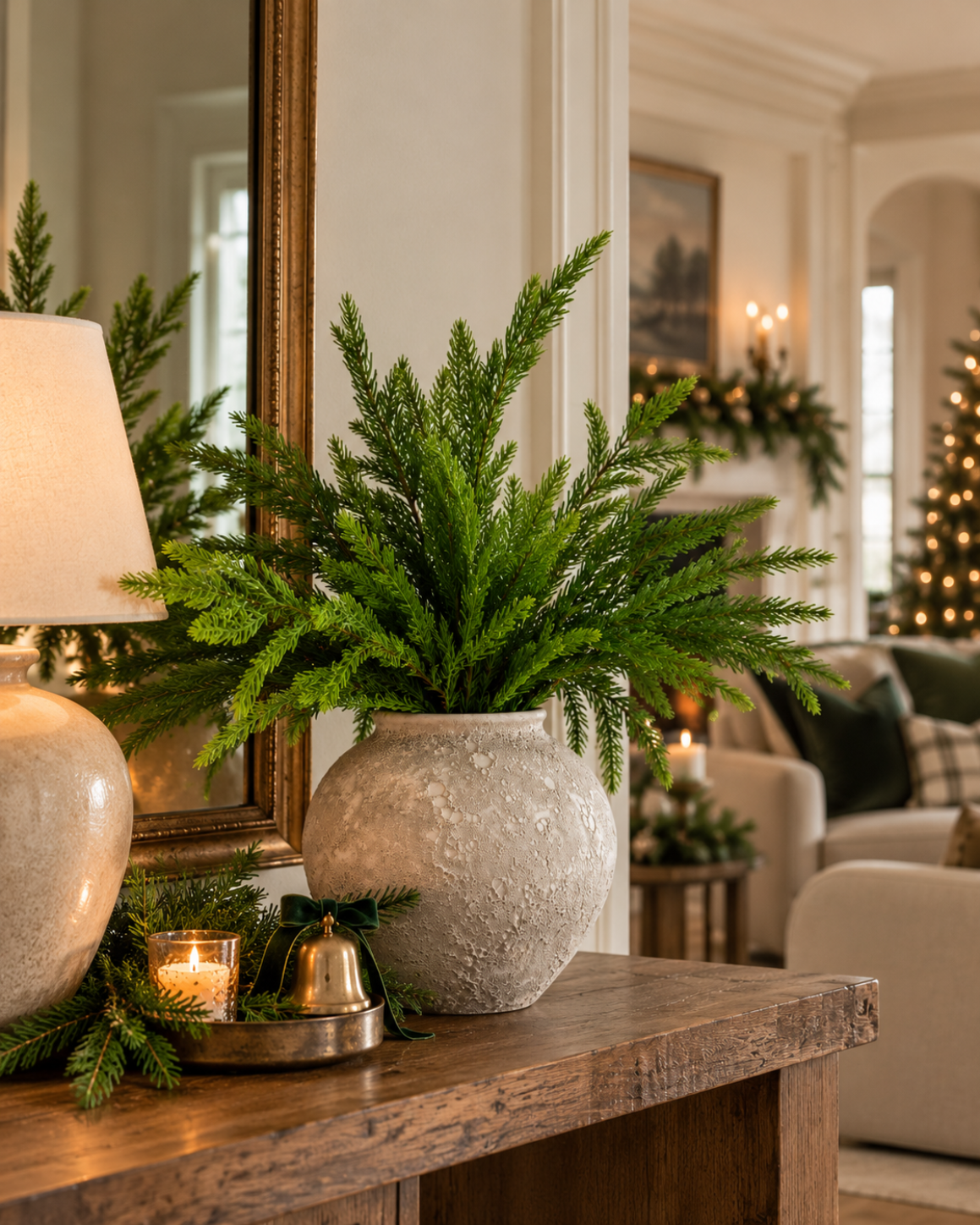 Real Touch Norfolk Pine stems styled in a rustic ceramic vase on a wooden entryway console with warm, elegant Christmas decorations.