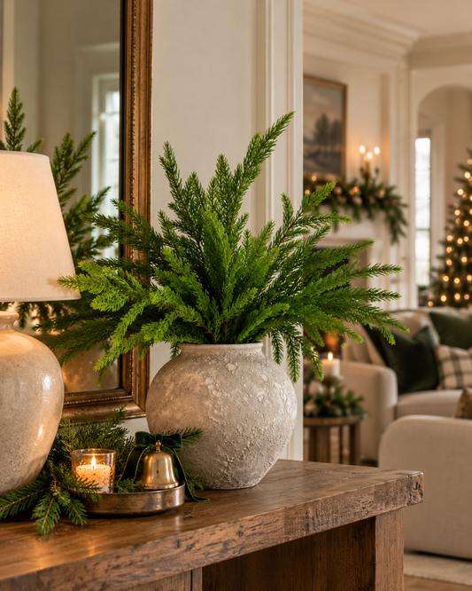 Real Touch Norfolk Pine stems styled in a rustic ceramic vase on a wooden entryway console with warm, elegant Christmas decorations.