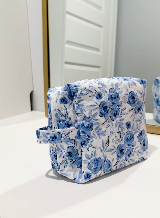 Blue Blossom Quilted Makeup Bag