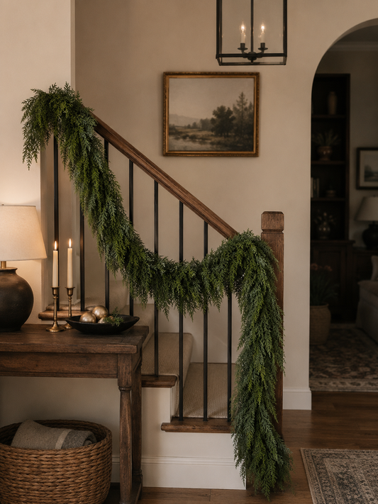 faux cedar garland styled on a modern holiday mantel with brass candlesticks, knit stockings, and neutral Christmas décor.