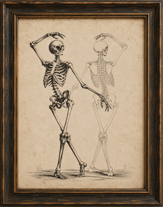 Framed vintage-style skeleton illustration on aged beige paper, shown in a dark wood frame against a light neutral wall.