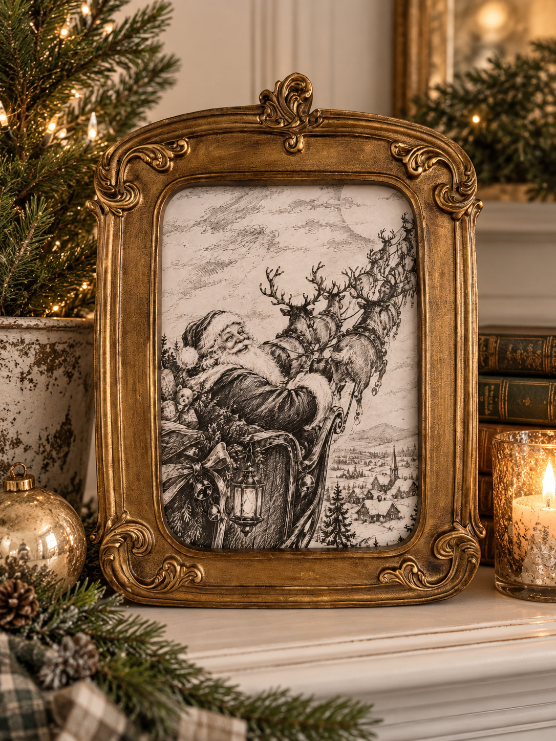 Vintage Santa sleigh ride illustration displayed in an ornate antique gold frame with decorative scrollwork, featuring a 5x7 Christmas print.