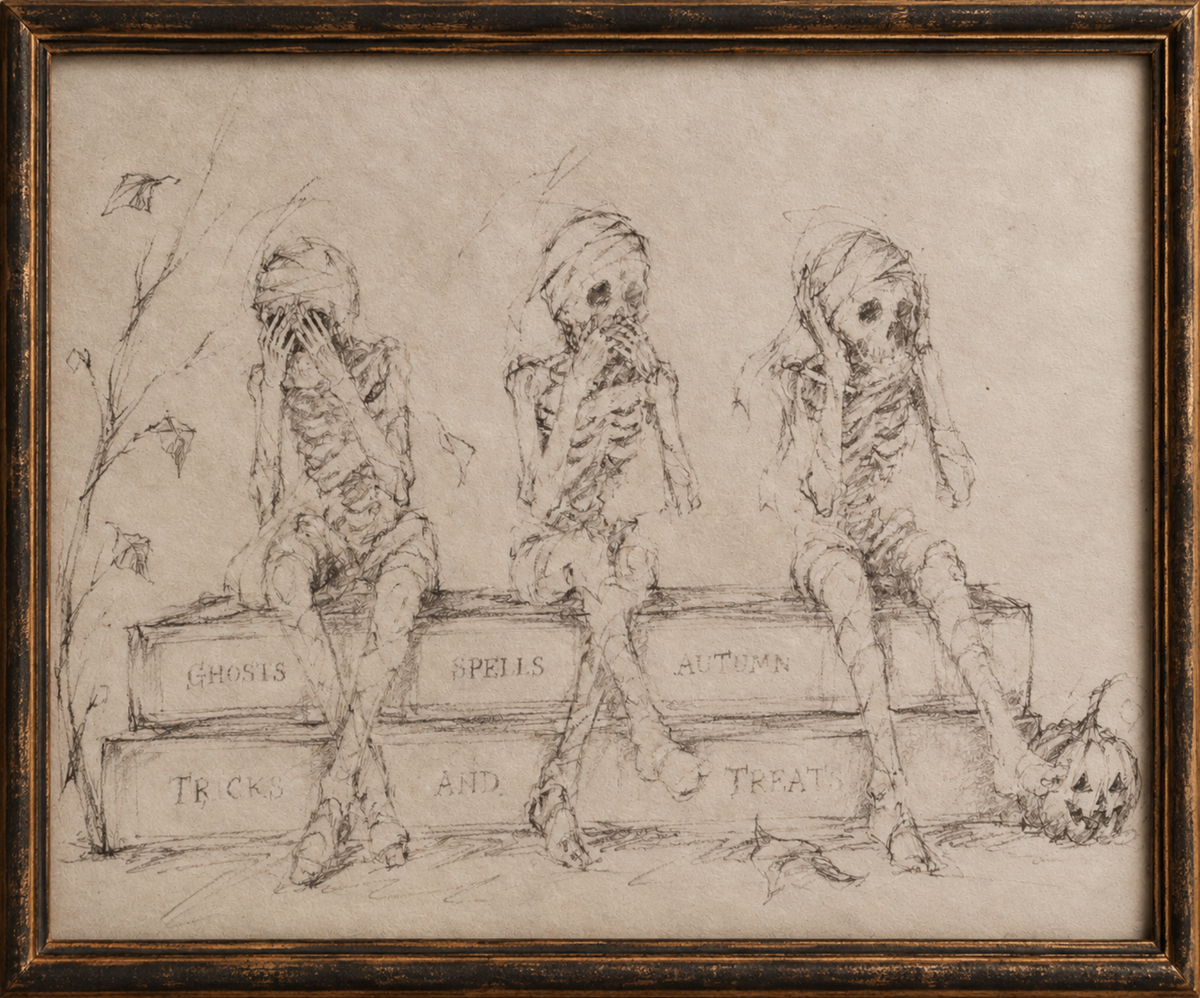 See Speak Hear No Evil Skeleton Printable | Vintage Halloween Wall Art