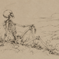 A sepia-toned sketch of a seated skeleton in a landscape, rendered in fine dark lines on a warm beige paper background.