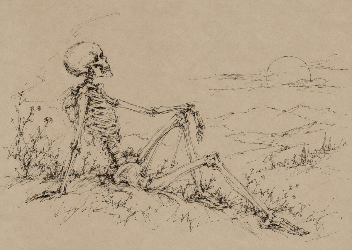 A sepia-toned sketch of a seated skeleton in a landscape, rendered in fine dark lines on a warm beige paper background.