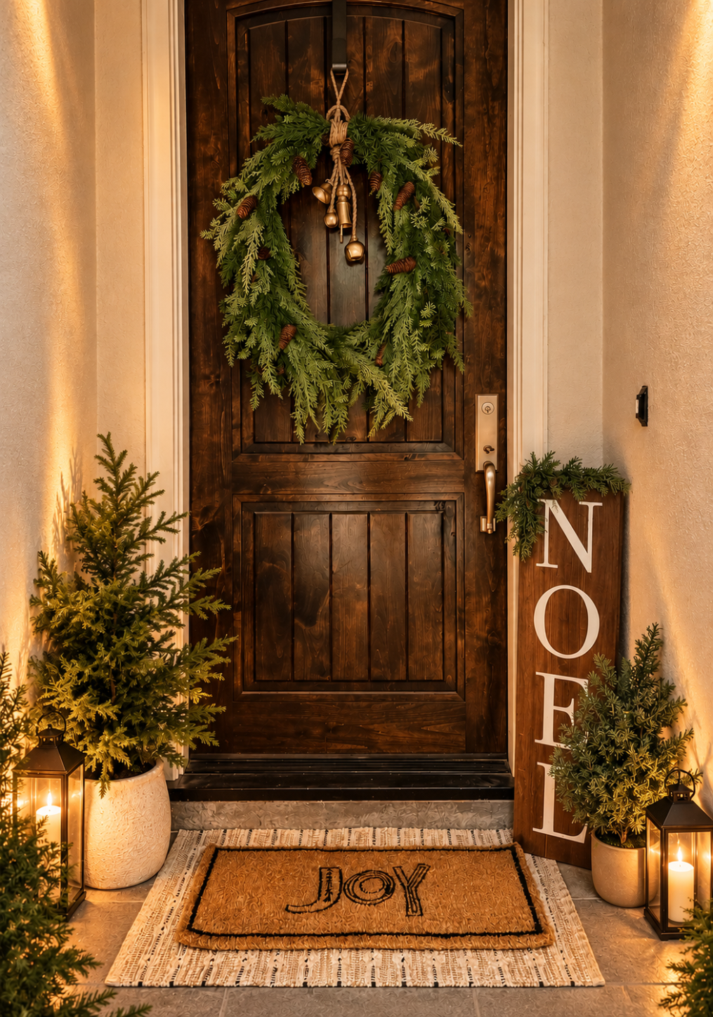 Creative Co-Op “Joy” doormat styled at front door with holiday greenery