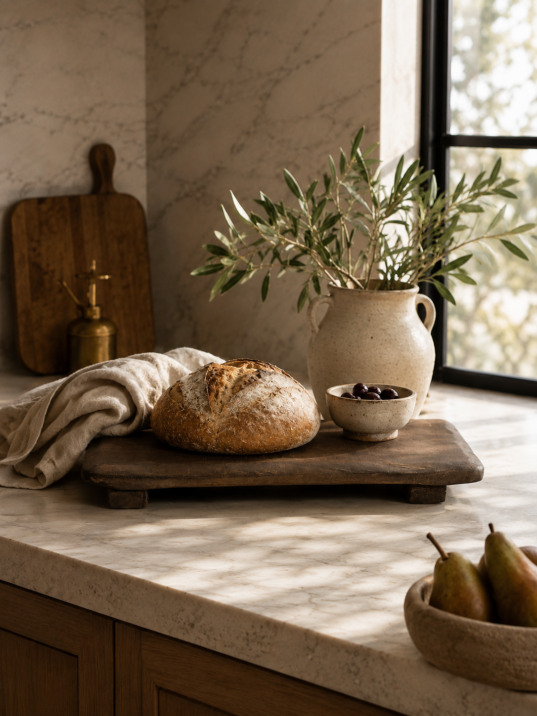 Rustic elevated wood board styled with artisan bread, olive branches, linen textiles, and ceramic accents in a warm California modern kitchen.