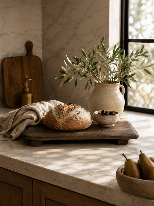Rustic elevated wood board styled with artisan bread, olive branches, linen textiles, and ceramic accents in a warm California modern kitchen.