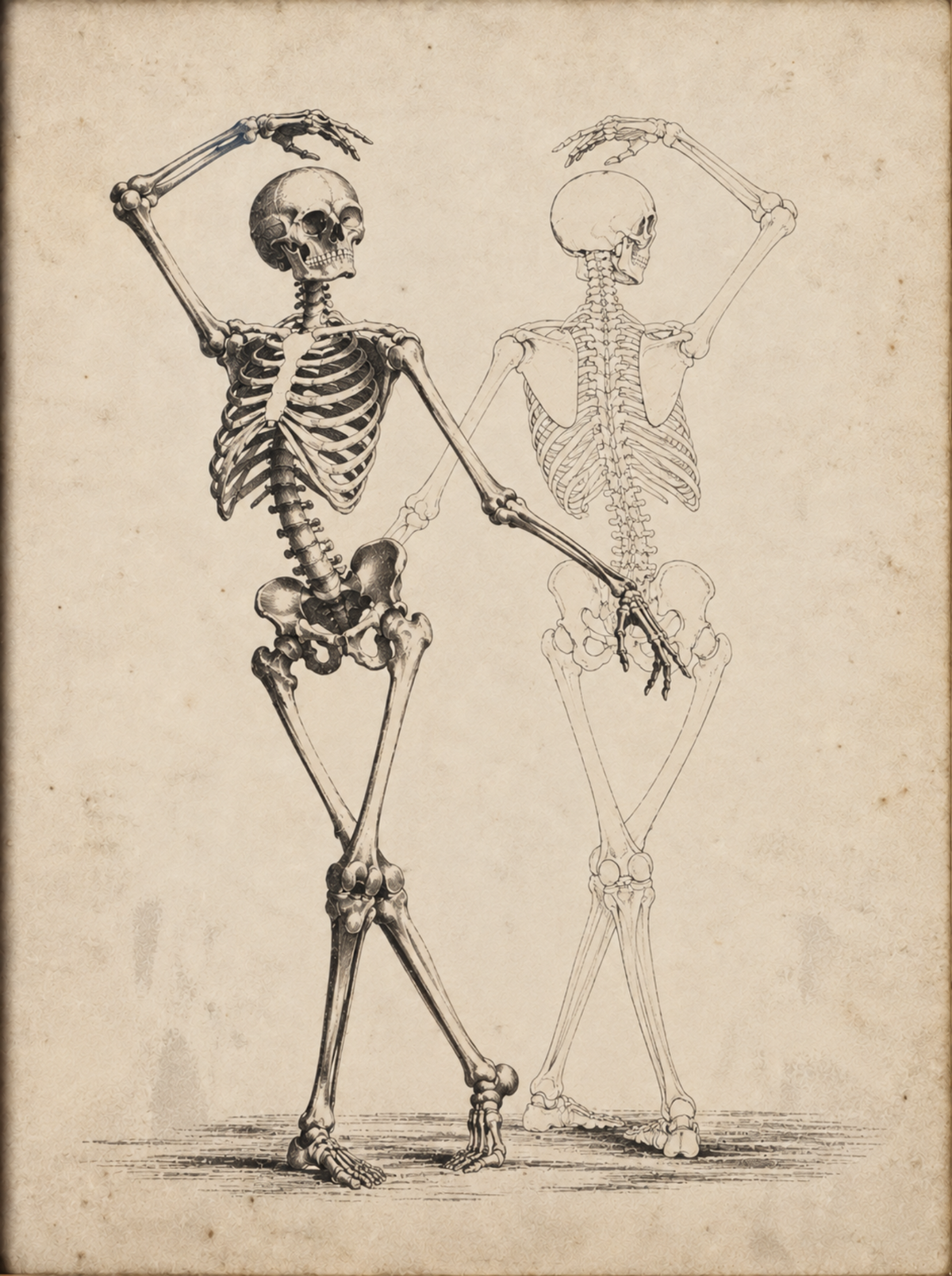 Vintage scientific illustration of two human skeletons posed dynamically on aged beige paper, rendered in fine black ink lines.