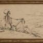 A framed sepia-toned artwork showing a sketch of a reclining skeleton in an outdoor landscape with sparse vegetation and a sun over distant hills. The piece is enclosed in an ornate gold-toned frame.