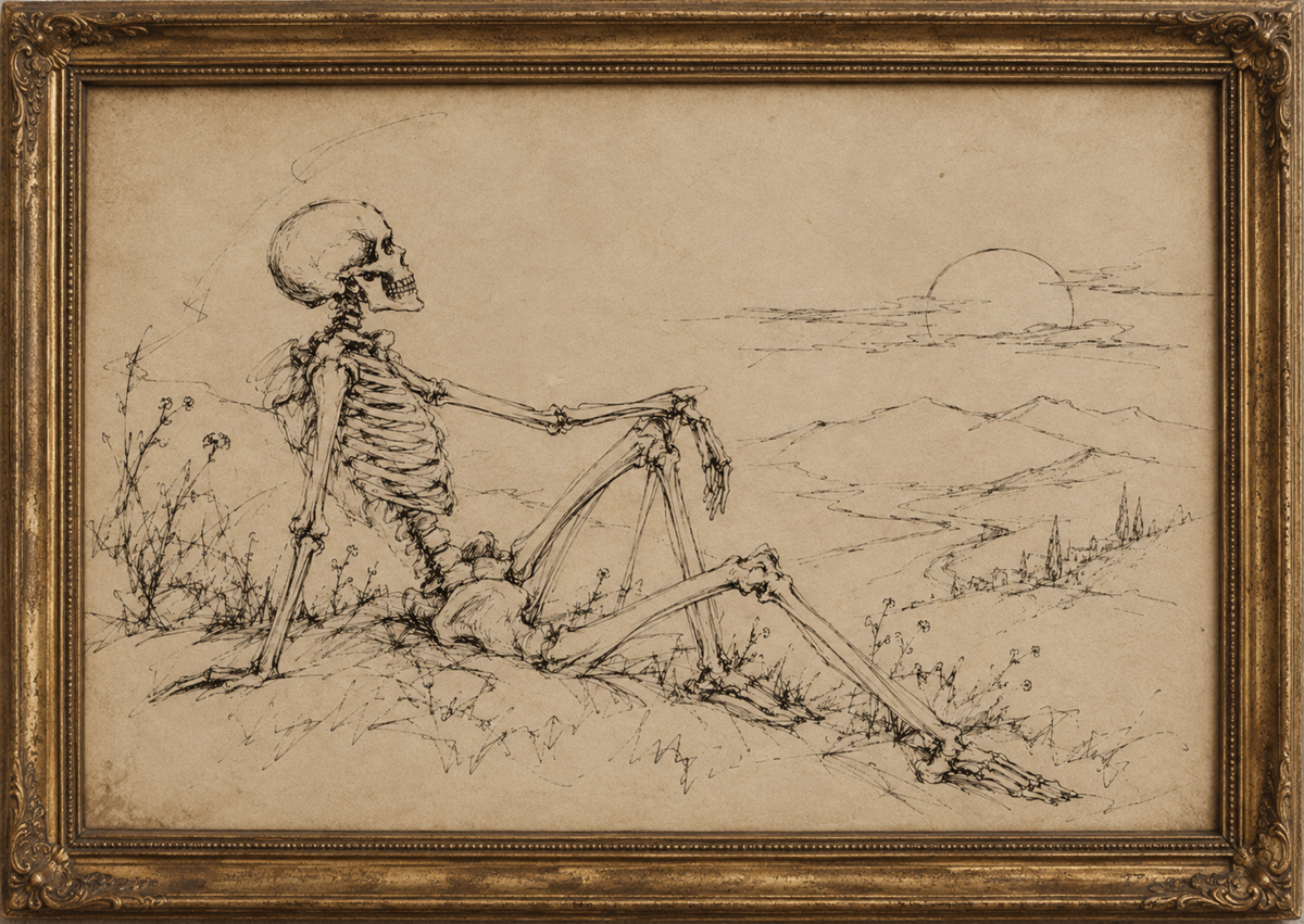 A framed sepia-toned artwork showing a sketch of a reclining skeleton in an outdoor landscape with sparse vegetation and a sun over distant hills. The piece is enclosed in an ornate gold-toned frame.