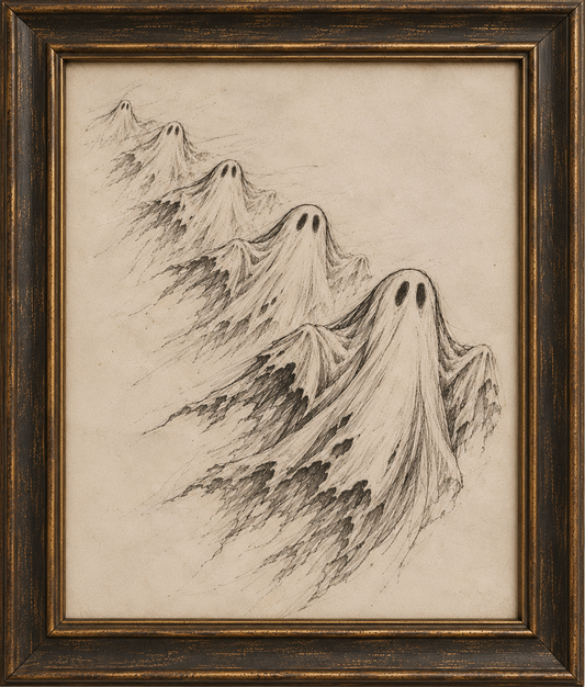 Framed art print featuring a black ink sketch of five ghostly figures with eyes on draped mountains, set in a dark brown wooden frame against a light gray wall.