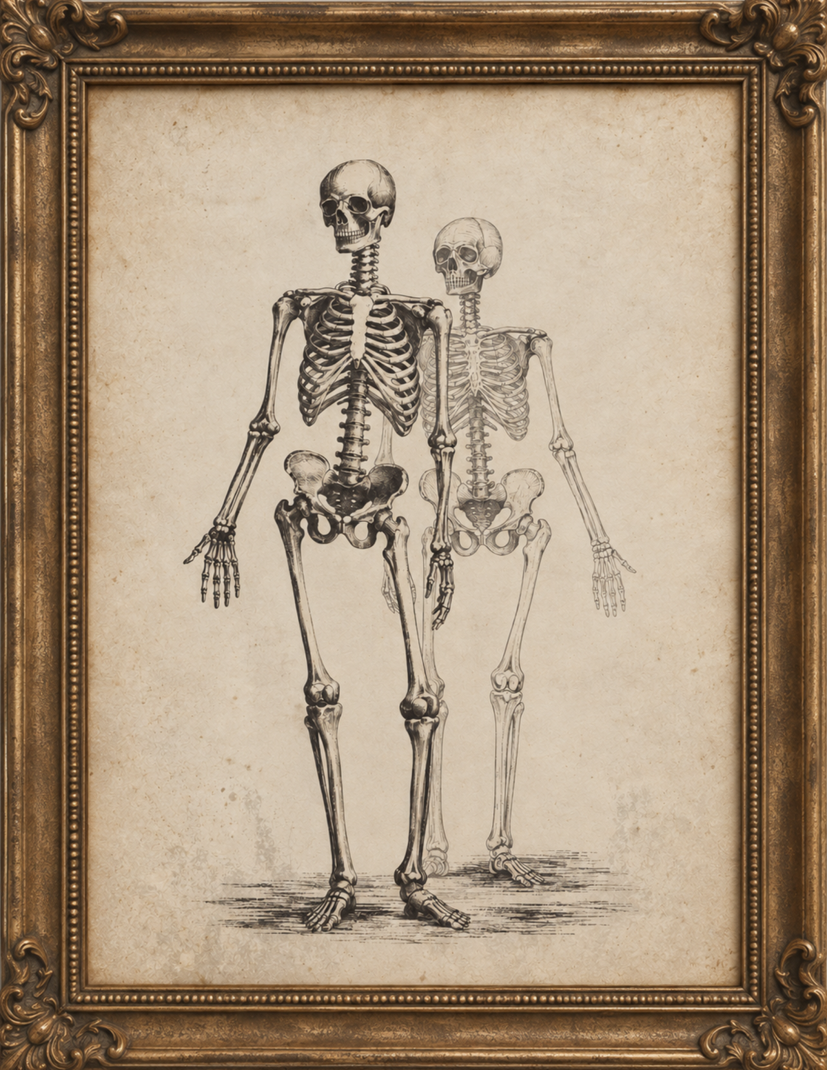 An antique-style framed illustration featuring two human skeletons on a parchment-toned background, enclosed in an ornate gold-toned frame.