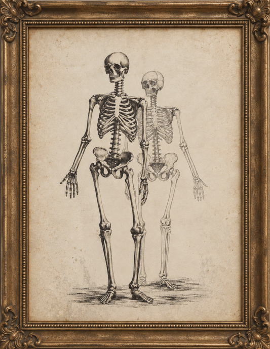 An antique-style framed illustration featuring two human skeletons on a parchment-toned background, enclosed in an ornate gold-toned frame.