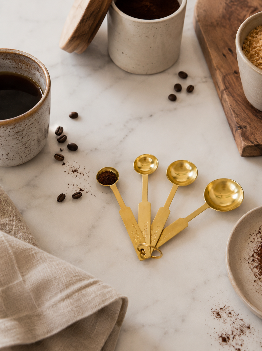 Gold stainless steel measuring spoon set styled on creamy ivory marble beside ceramic coffee cups, coffee beans, cocoa powder, and neutral stoneware in a warm California-modern editorial kitchen scene.