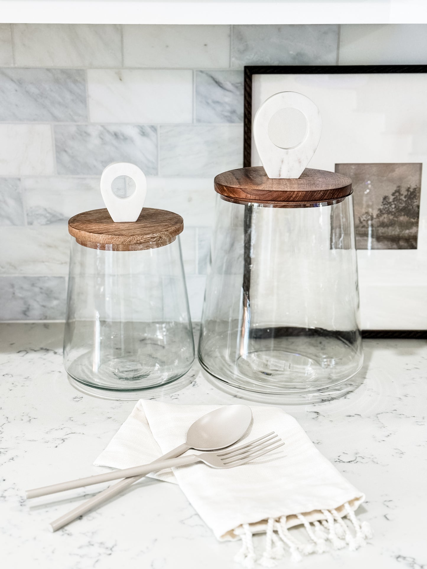 Glass Jar with mango wood lid and marble handle