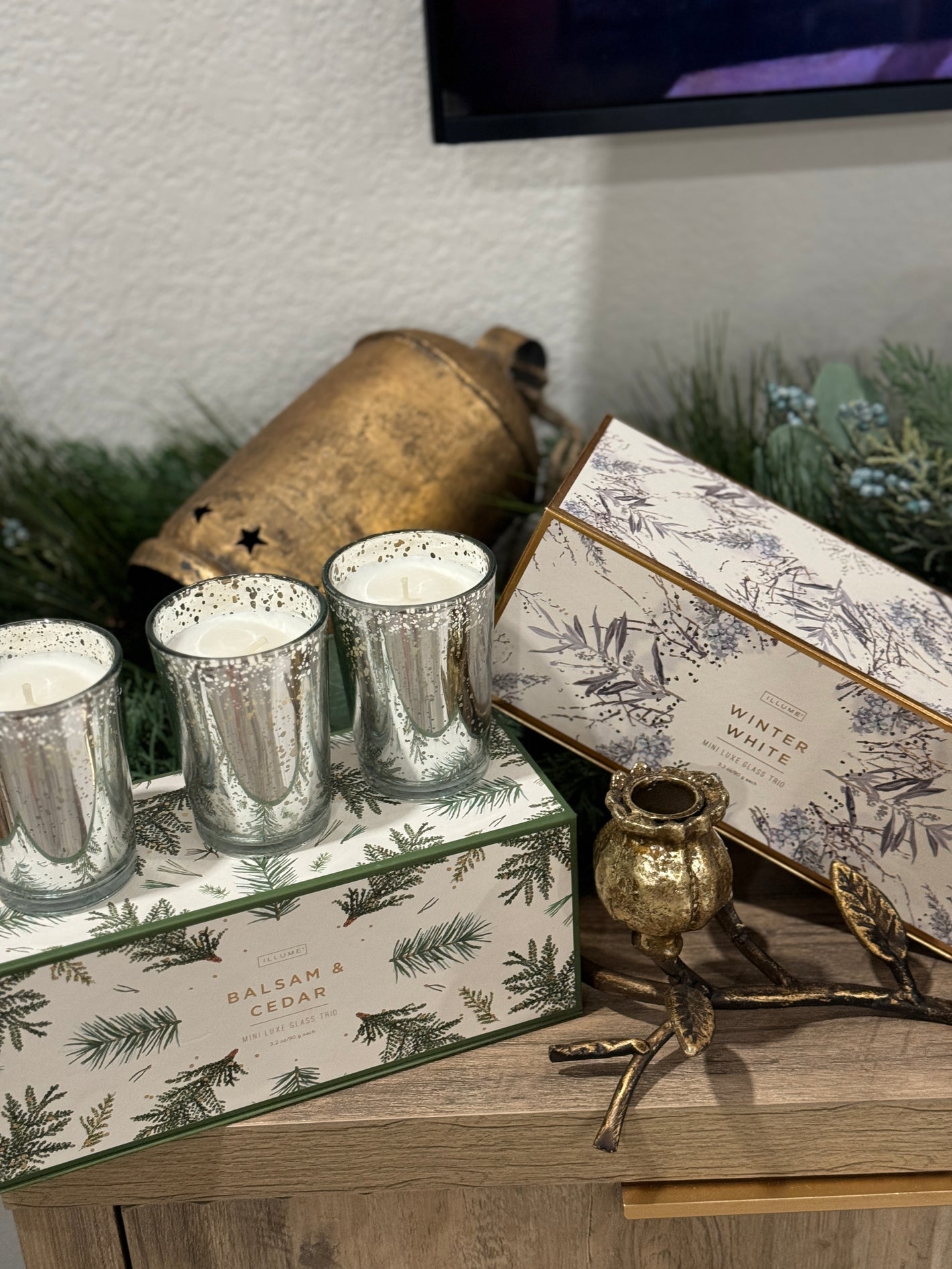 Elegant Evergreen Glow Candle Trio in frosted glass with hand-painted decorative box featuring gold foil accents.