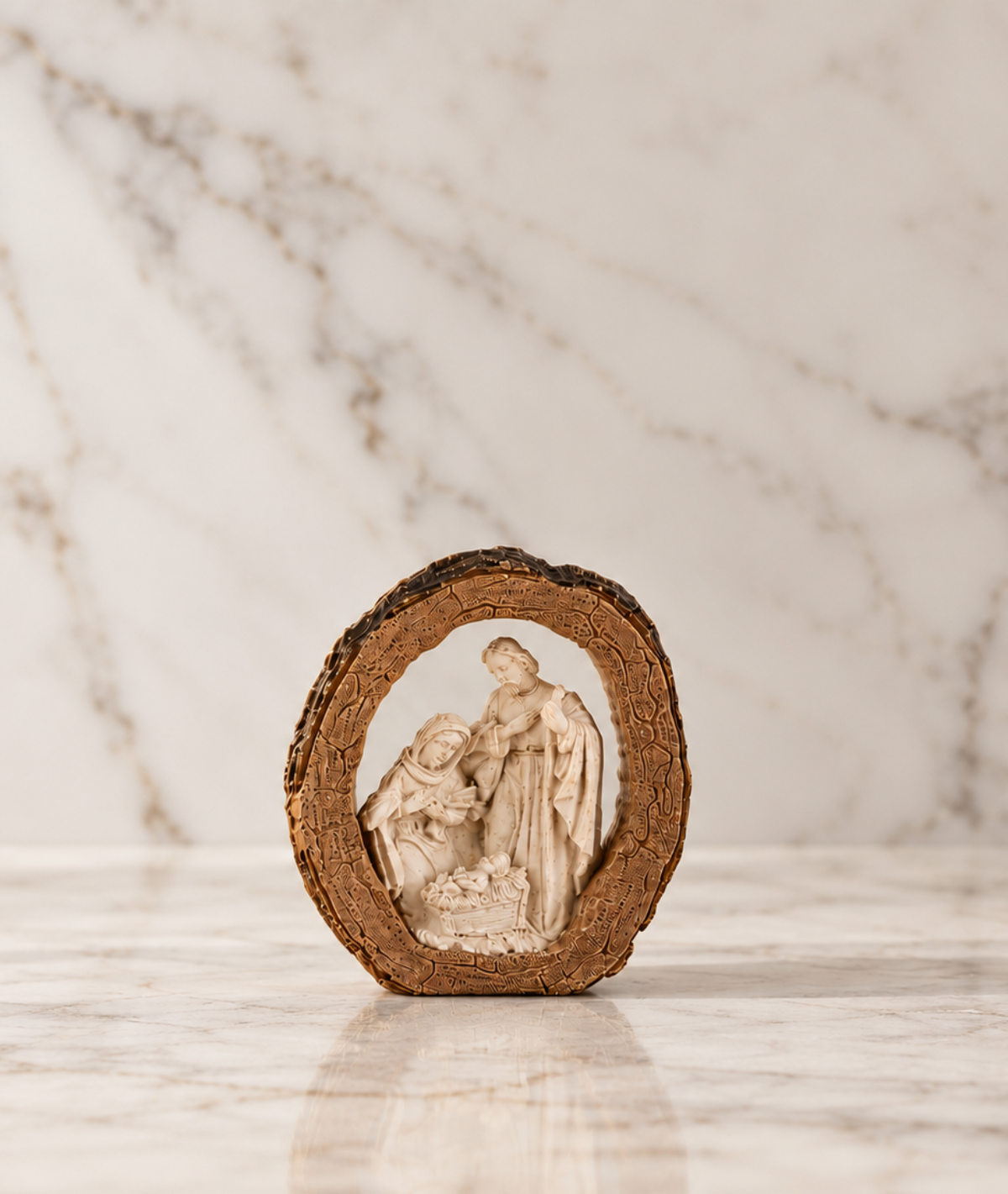 Holy Family Nativity Figurine | Rustic Oval Frame