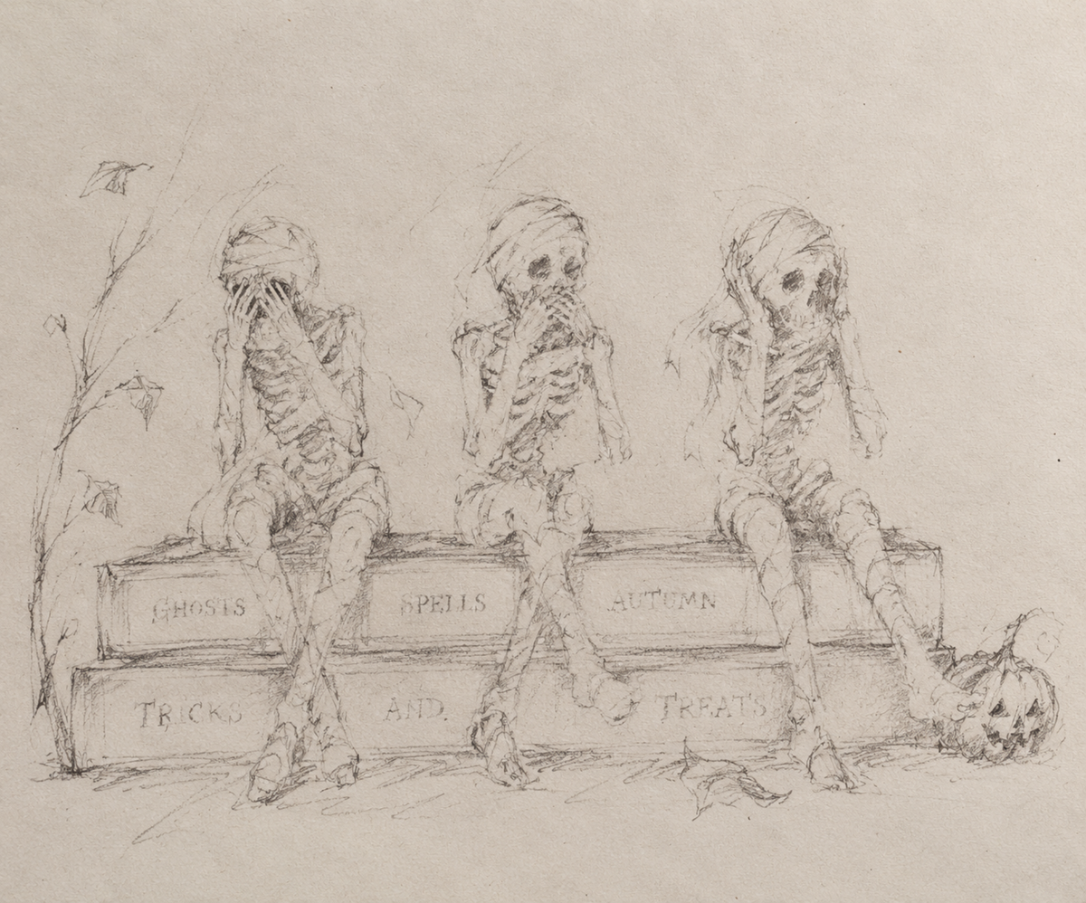 See Speak Hear No Evil Skeleton Printable | Vintage Halloween Wall Art