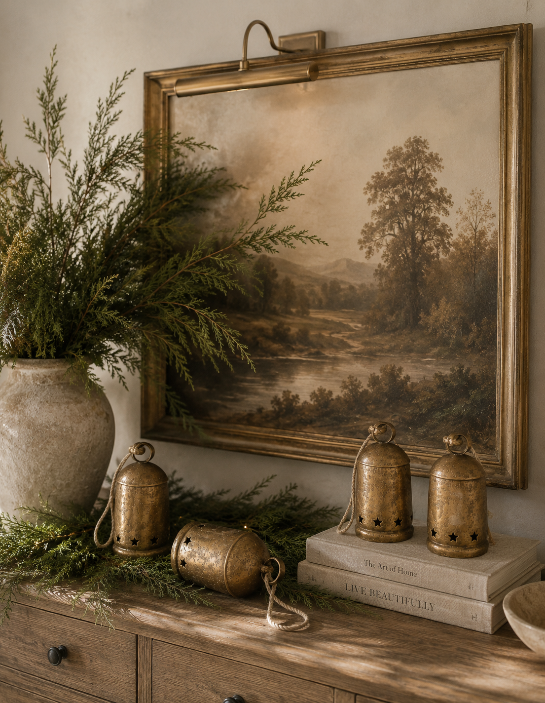 Antique gold holiday bells in assorted sizes styled on a reclaimed wood console with cedar garland, vintage landscape artwork, stoneware vase, and warm designer holiday décor.
