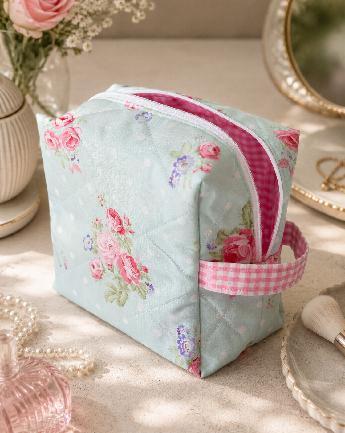 Aqua Rose quilted makeup bag featuring a vintage rose floral print with pink gingham lining, styled on a neutral vanity with everyday beauty essentials in a soft editorial setting.