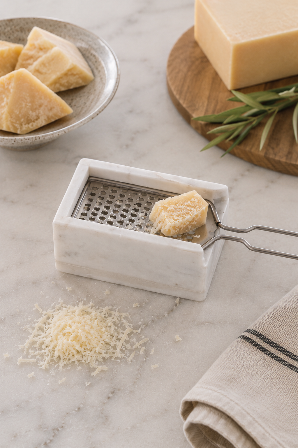 stainless steel cheese grater with a white marble catch tray displayed on a white marble surface in a minimalist studio setting.