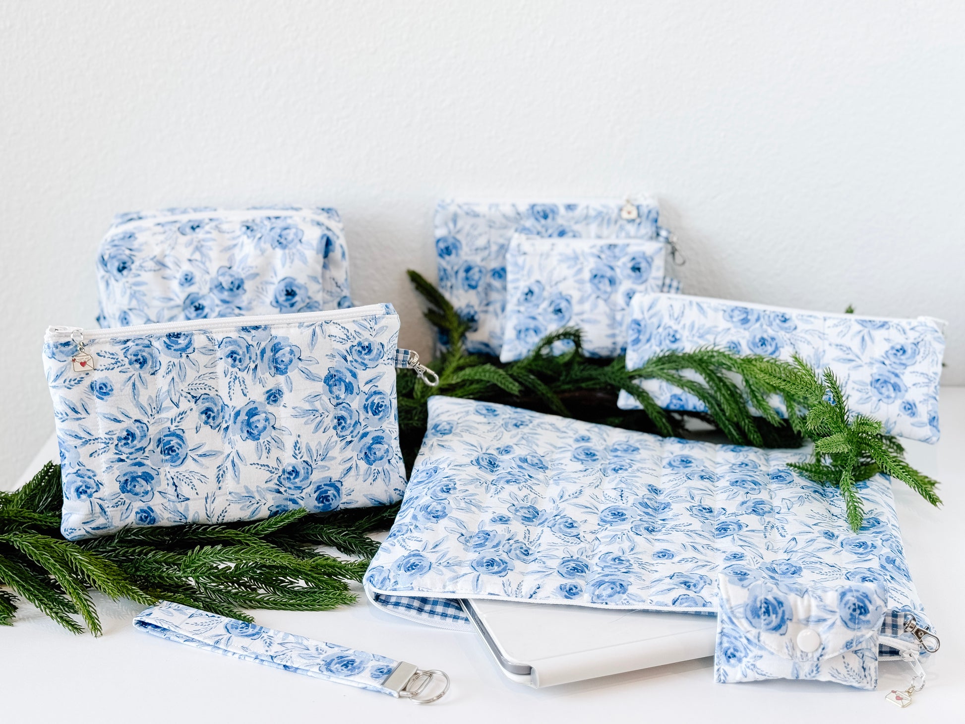 Blue Blossom quilted pouch collection.