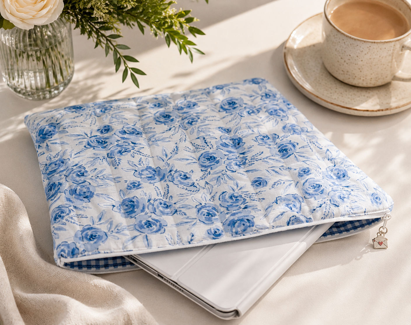 Blue Blossom quilted tablet sleeve with tablet partially inserted, styled on a bright workspace with coffee and fresh florals.