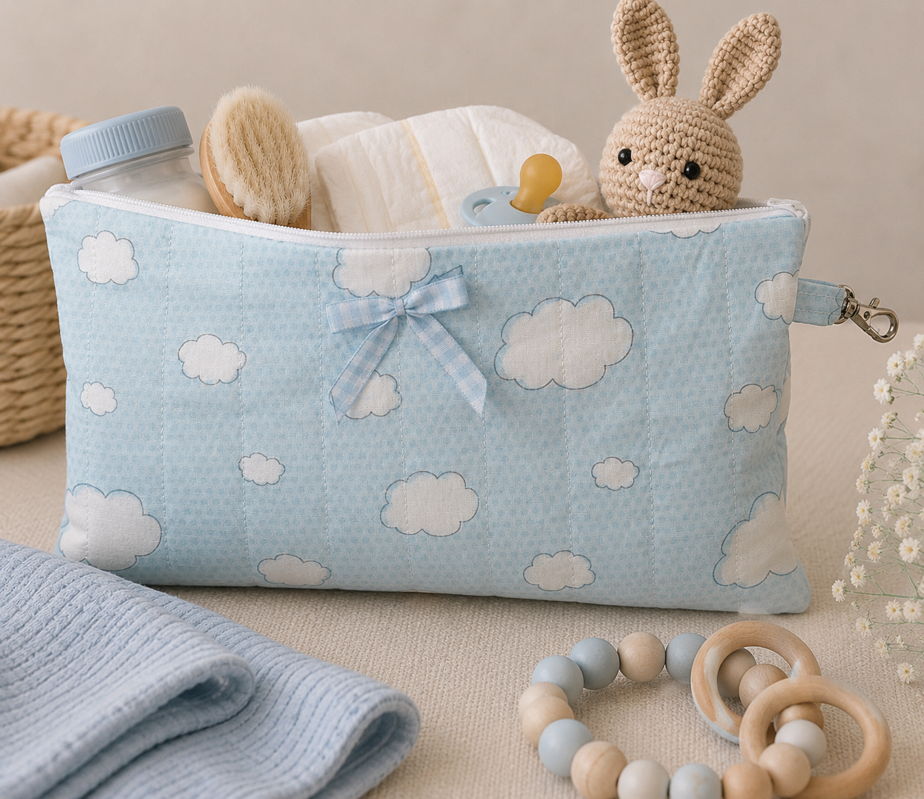 Blue Skies quilted large wristlet pouch with soft blue cloud print, styled with baby essentials in a modern nursery setting.