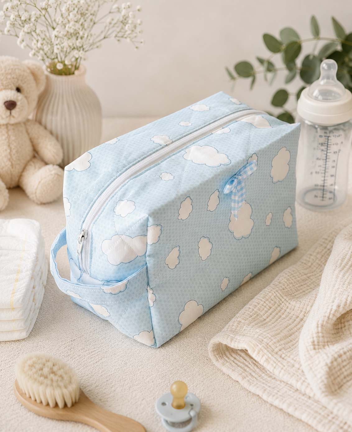 Blue Skies quilted makeup bag with soft blue cloud print and coordinating blue gingham accents, styled with baby essentials in a bright nursery-inspired setting.