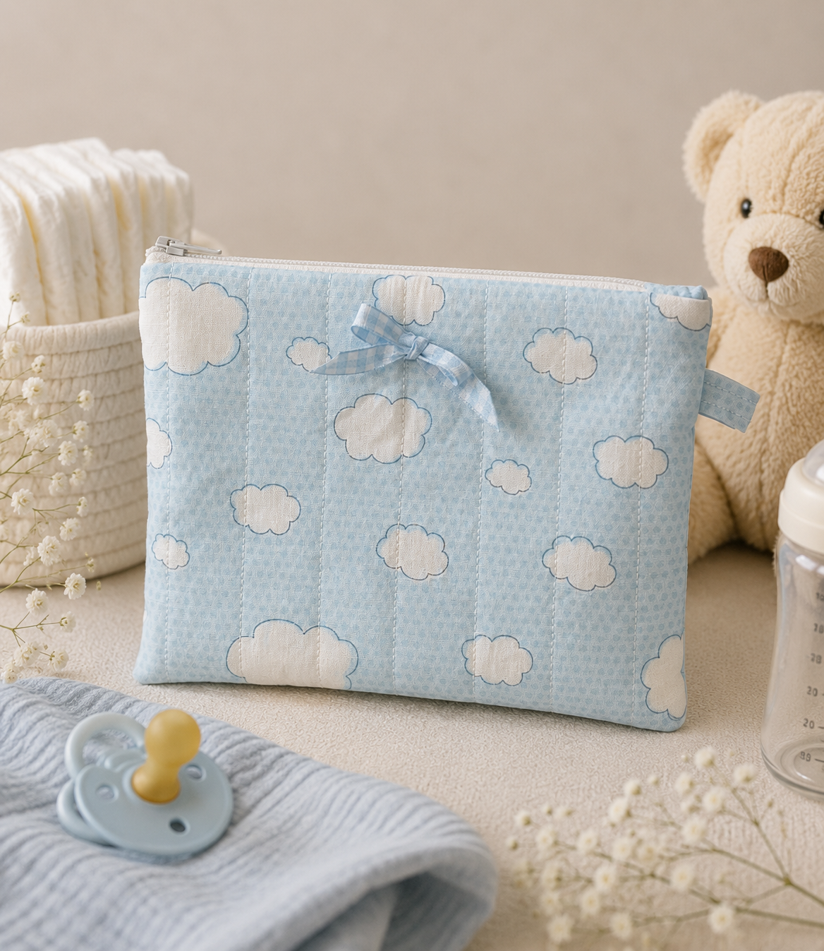 Blue Skies quilted medium wristlet pouch with soft blue cloud print, styled for organizing baby essentials in a neutral nursery-inspired setting.