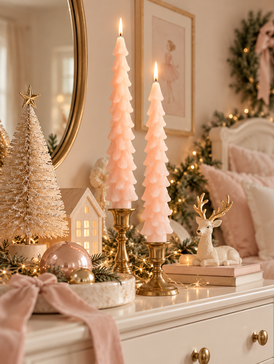 Set of two blush pink Christmas tree-shaped taper candles featuring delicate layered branches, displayed in antique brass candle holders against an elegant ivory marble studio background.