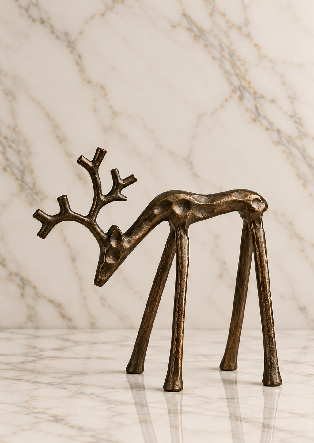 Grazing burnished iron reindeer sculpture featuring a gracefully lowered head, sculptural antlers, elongated legs, and an antiqued bronze-brown finish on an ivory marble studio background.