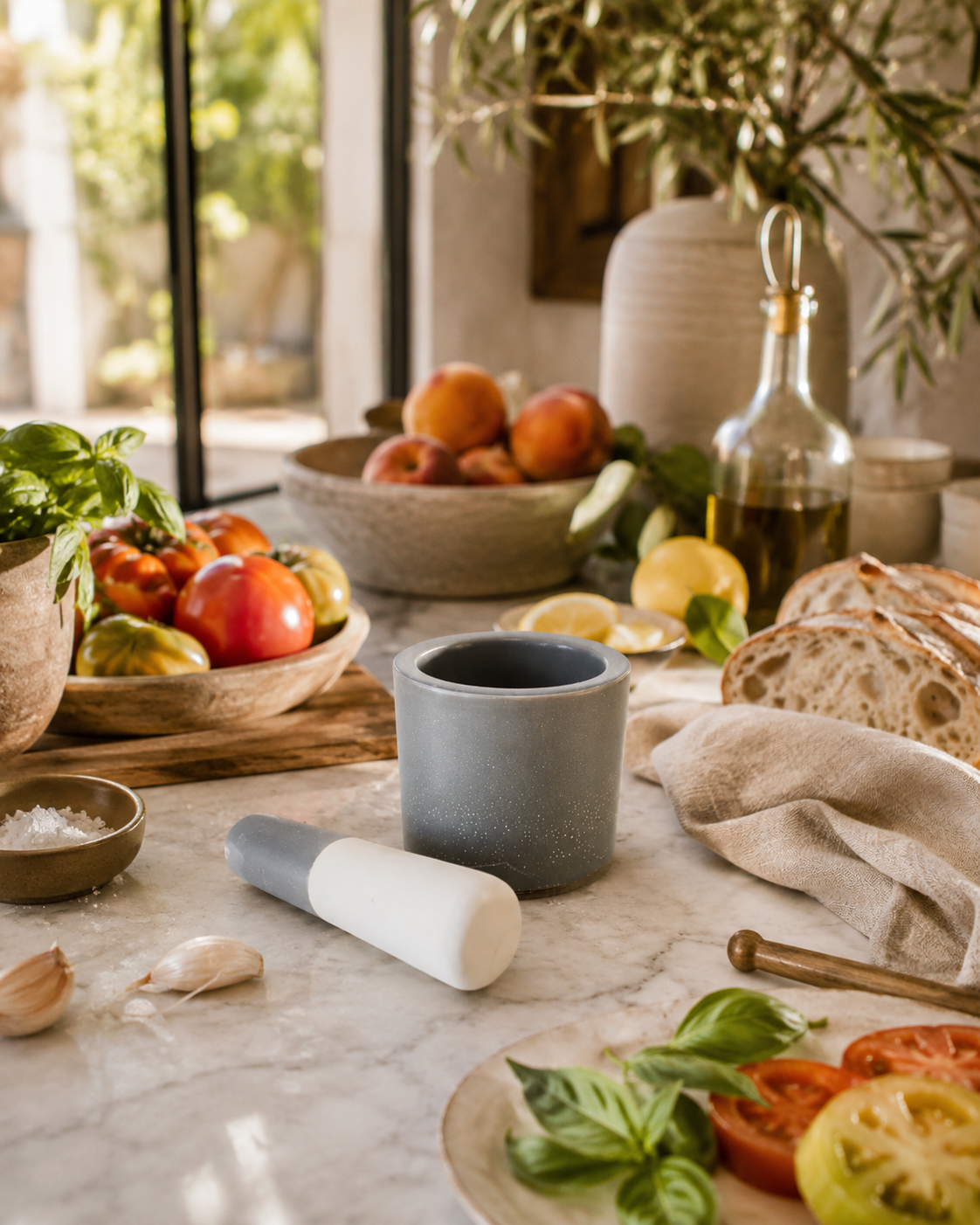Small gray speckled ceramic mortar and pestle styled on a creamy marble countertop with heirloom tomatoes, basil, lemons, olive oil, and rustic bread in a warm California-modern summer kitchen.