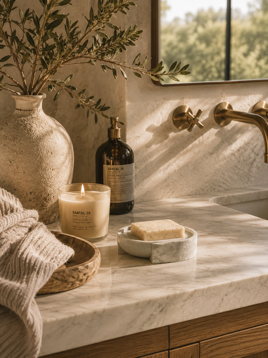 Minimal cement soap dish on creamy marble with sculptural travertine decor, flax linen, and soft neutral California modern styling.