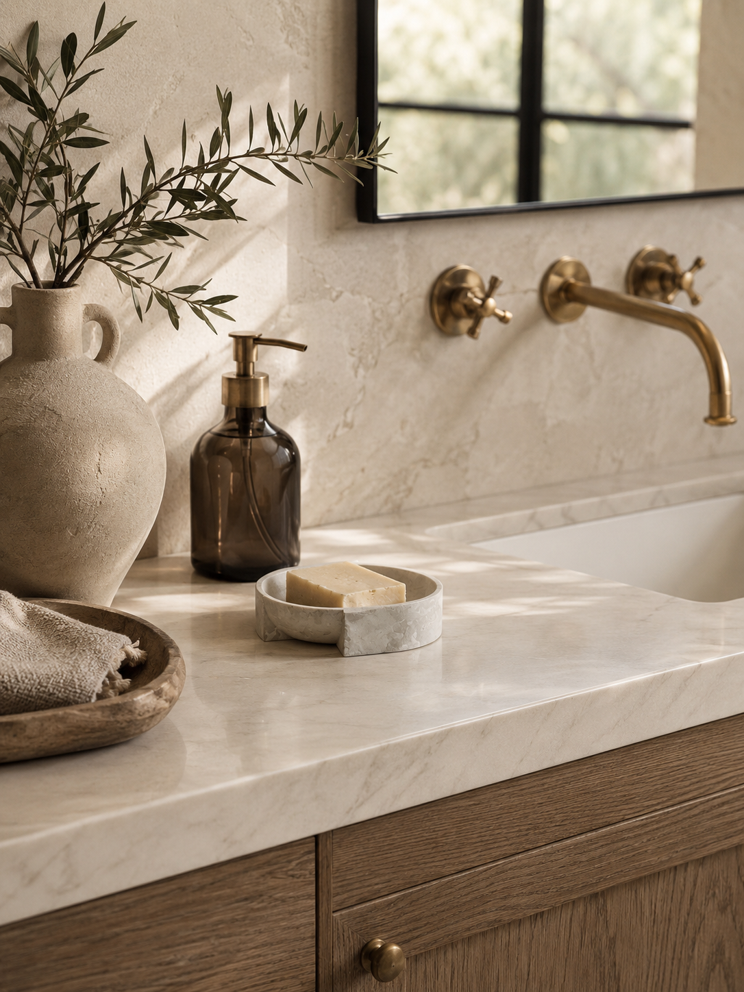 Luxury spa vanity scene featuring a handmade cement soap dish styled with linen towels, olive branches, and warm marble surfaces.